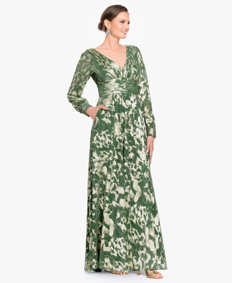 Women's Long-Sleeve V-Neck Metallic Floral Gown