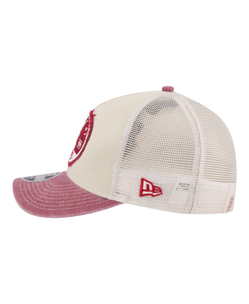Men's Stone/Crimson Alabama Crimson Tide Frayed Patch 9FORTY M-Crown A-Frame Trucker Adjustable Hat