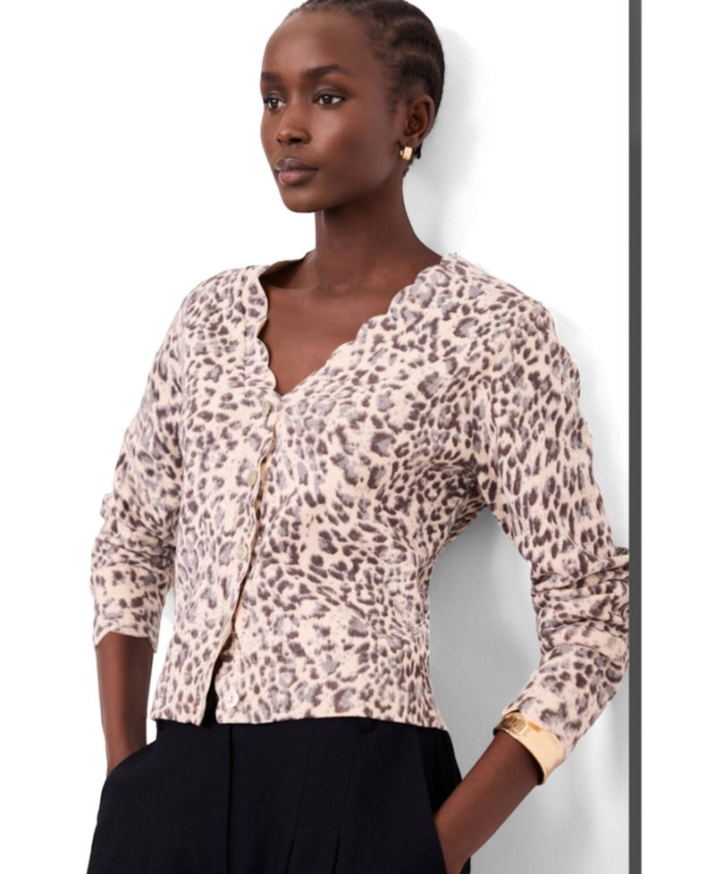 Women's Leopard-Print Scallop-Trim Cardigan