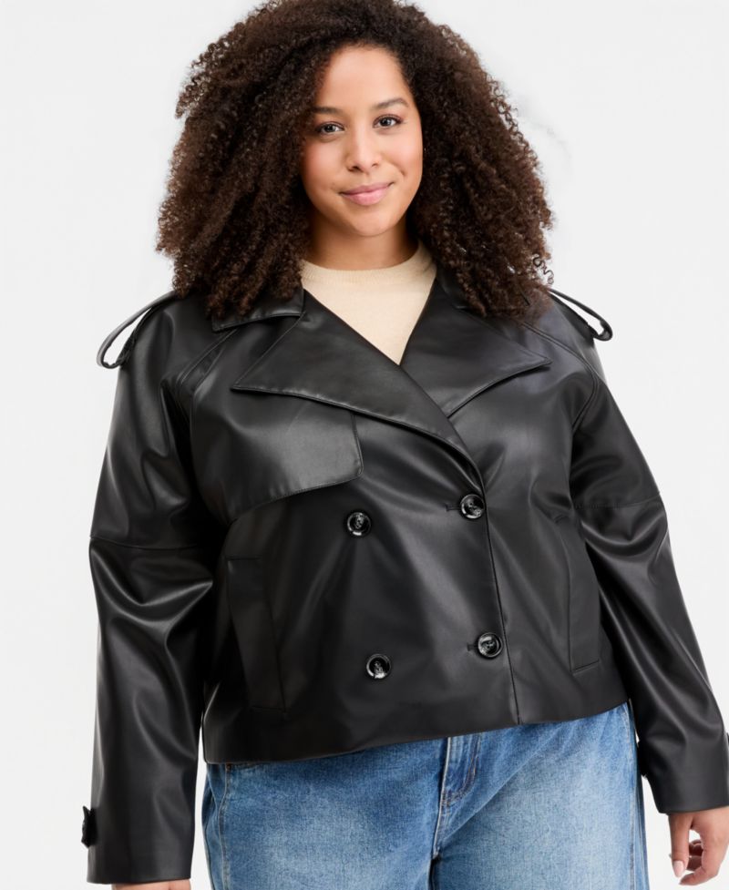 Trendy Plus Size Cropped Double-Breasted Faux-Leather Trench Coat