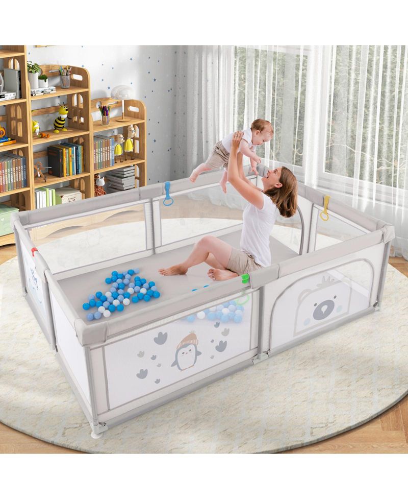 Toddler Large Playpen with Pull Rings Ocean Balls and Cute Pattern-Penguin