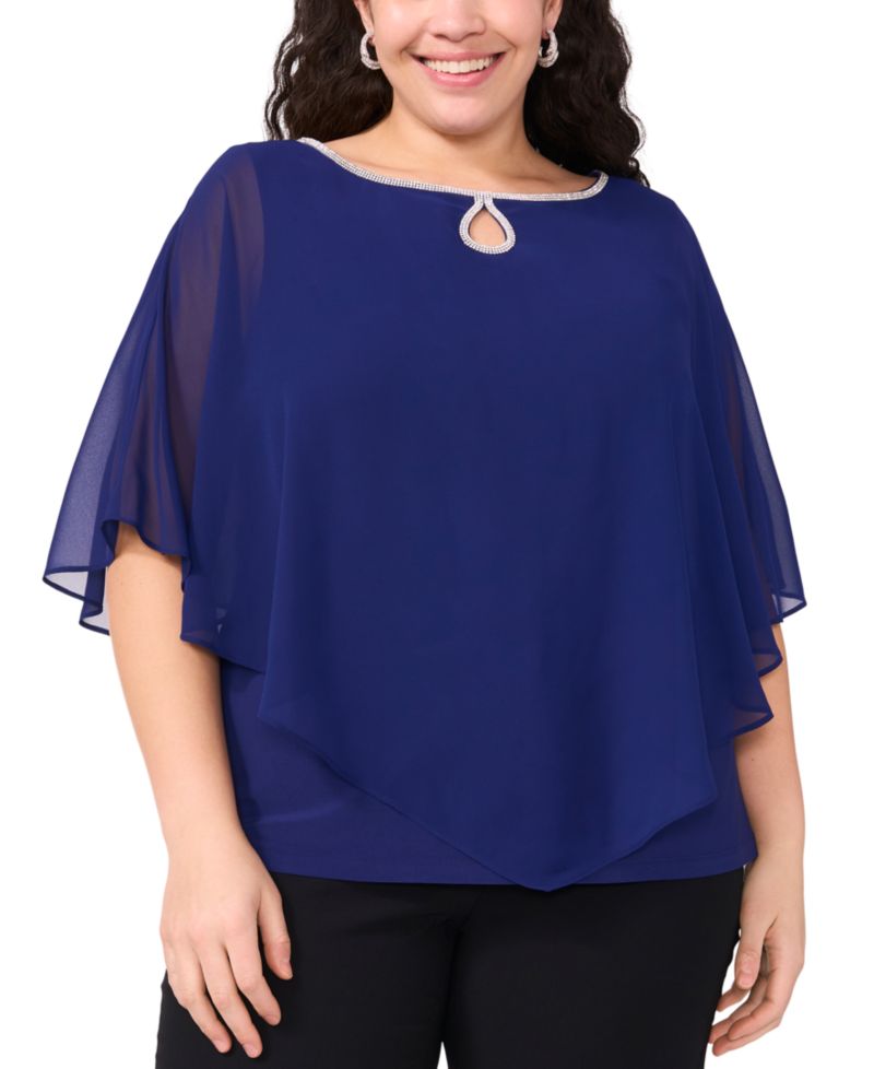 Plus Size Rhinestone-Trim Overlay Cape Top