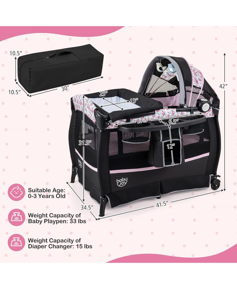 Baby Bassinet Bedside Crib with Changing Table Mattress Detachable Canopy Basket