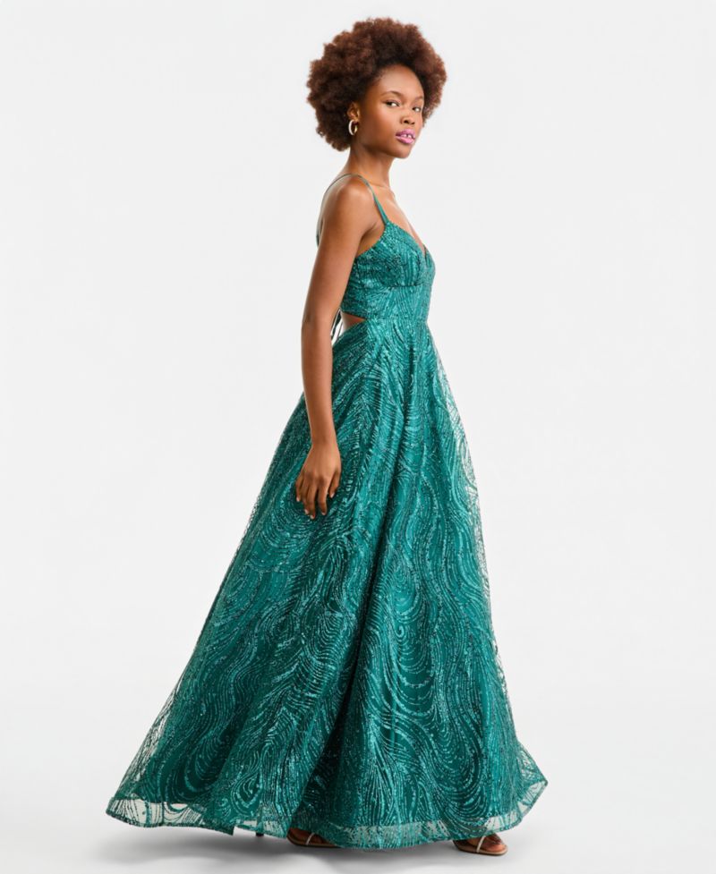 Juniors' Spaghetti Strap V Neck Glitter Pattern Gown with Lace Up Back