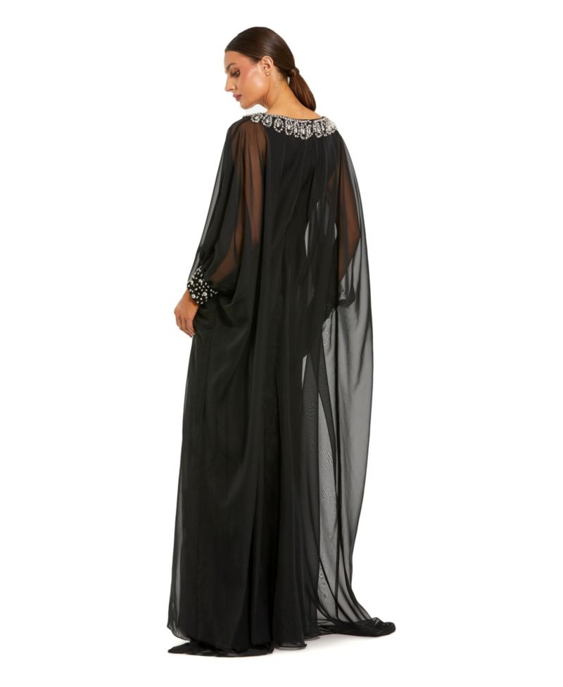 Women's Chiffon Long Sleeve Kaftan Gown with Beaded Neckline