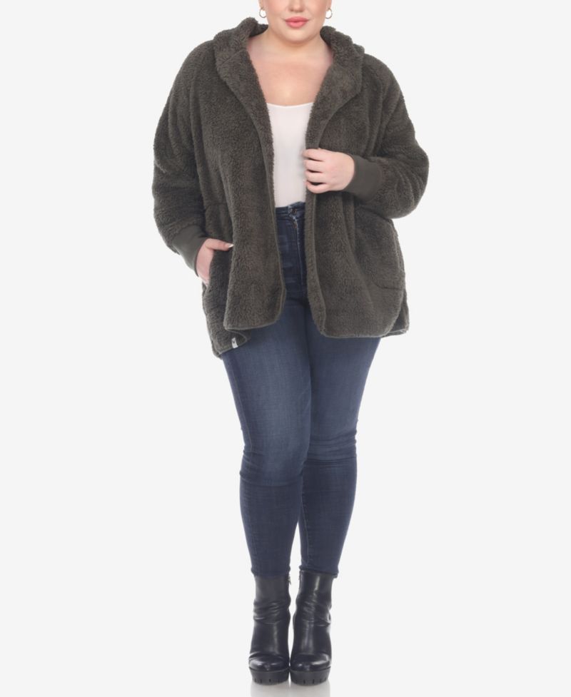 Plus Size Plush Hooded Cardigan Jacket with Pockets