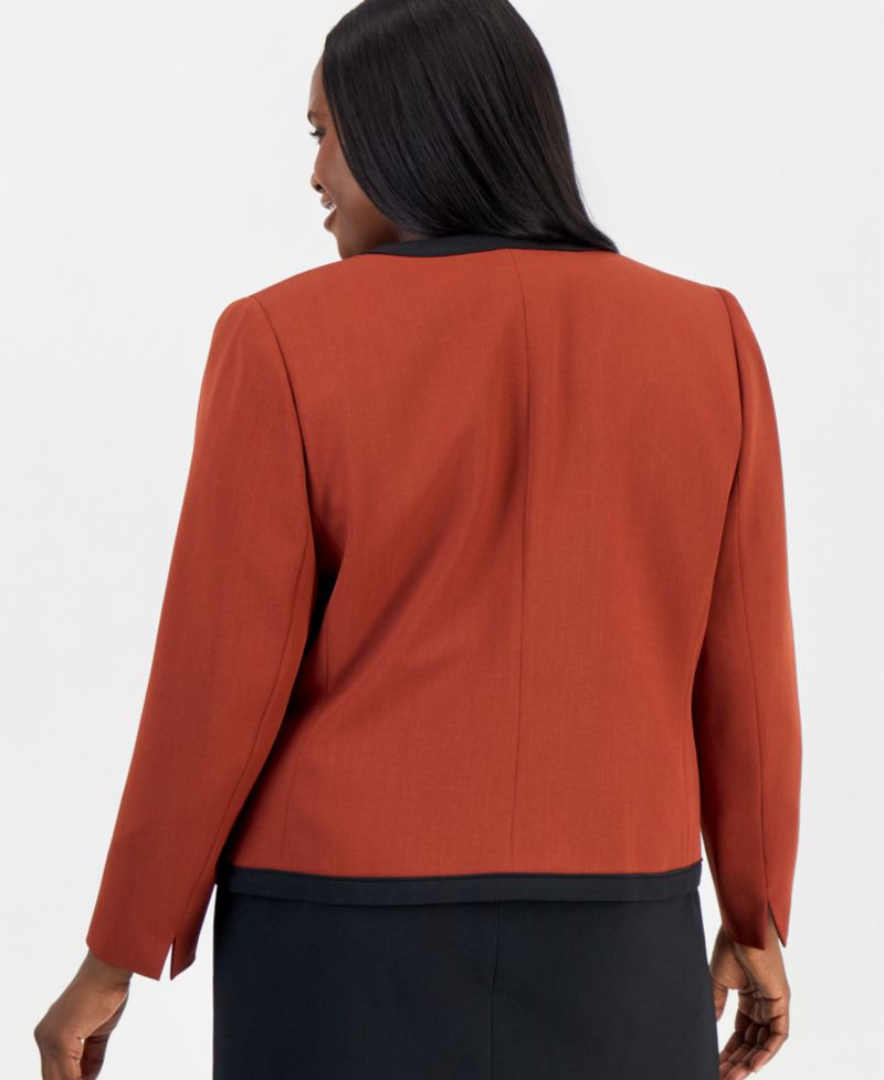 Plus Size Colorblock Open-Front Collarless Jacket