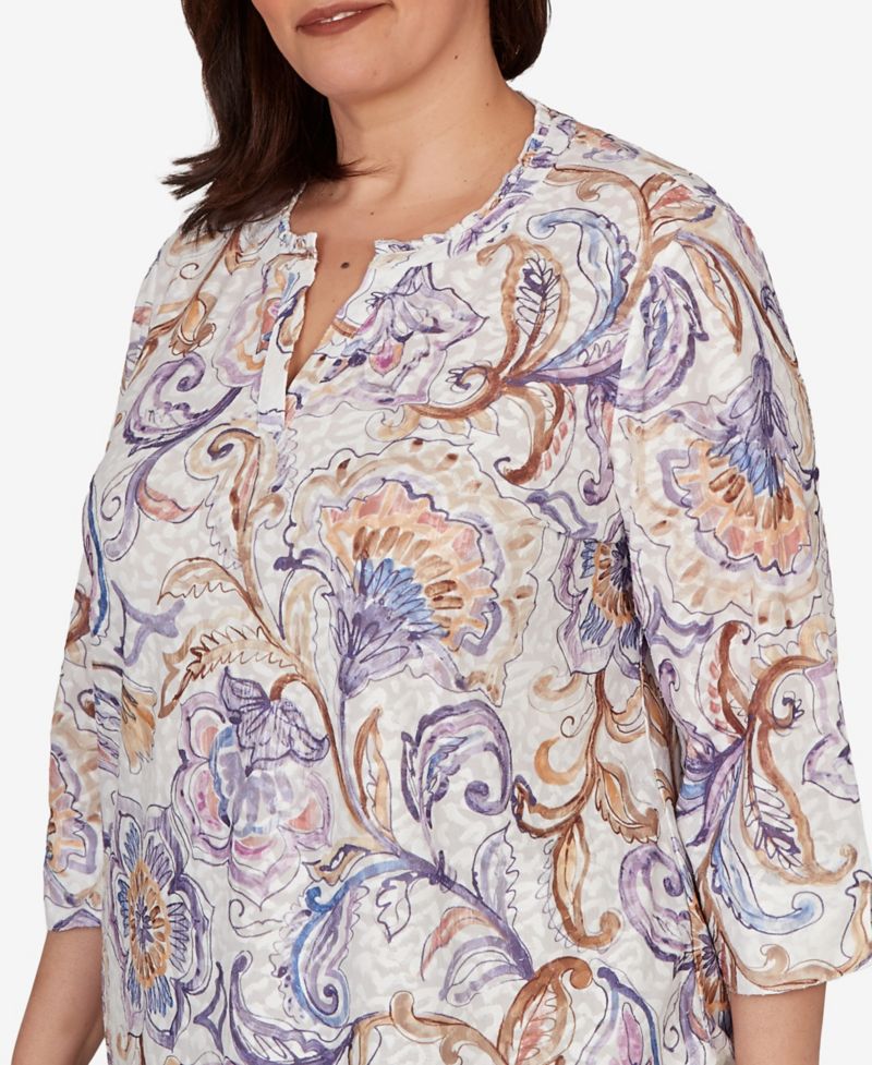 Plus Size Grand Bazaar Jacobean Floral Split Neck Top