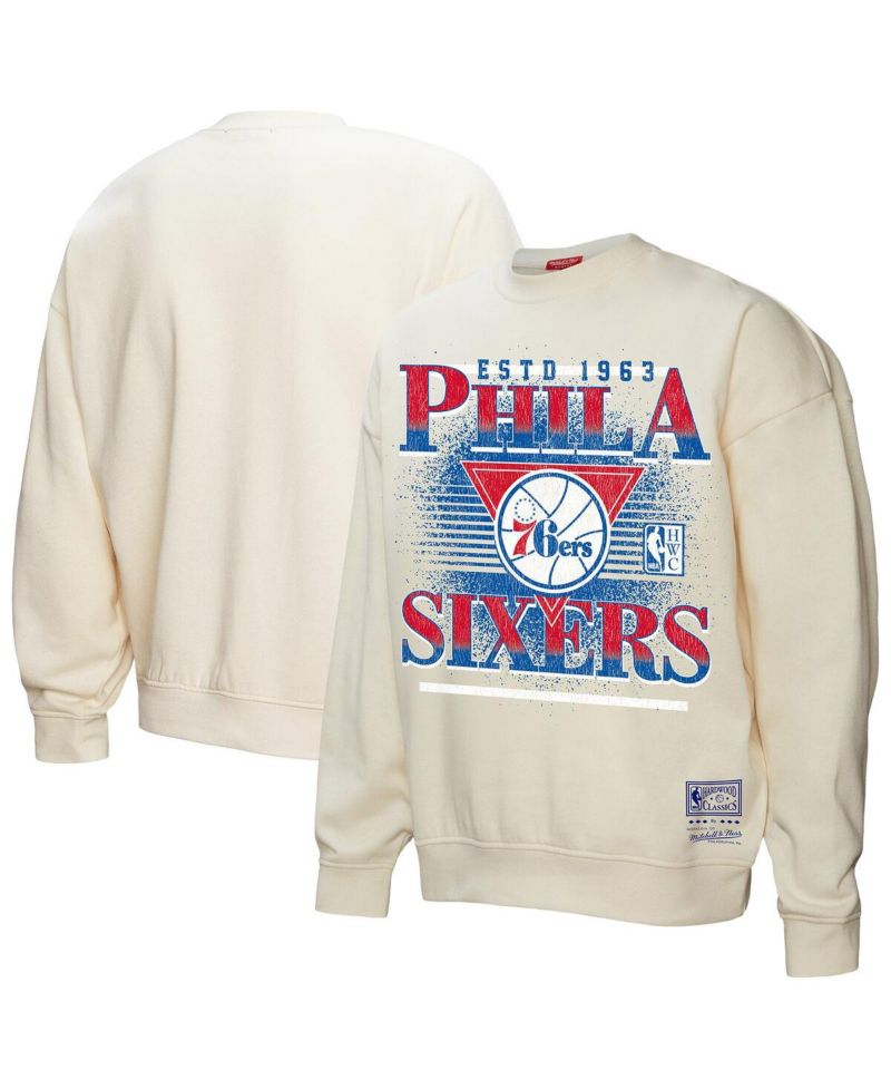 Women's Cream Philadelphia 76ers Oversprayed Pullover Sweatshirt
