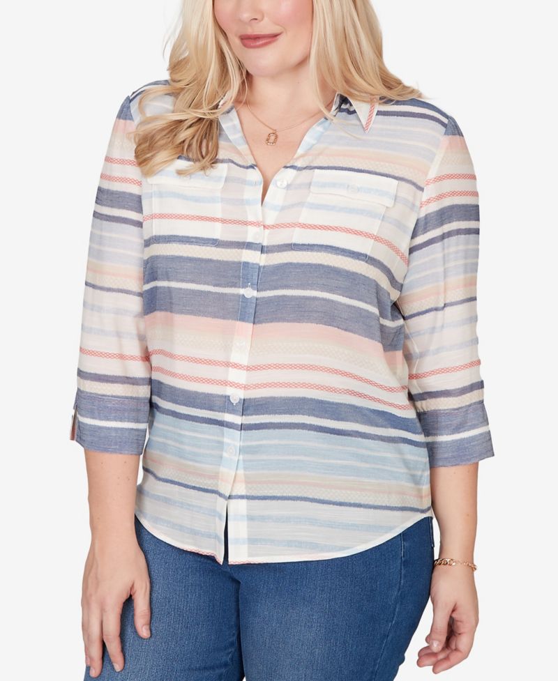 Women's Port Side Textured Stripe Button-Front Top