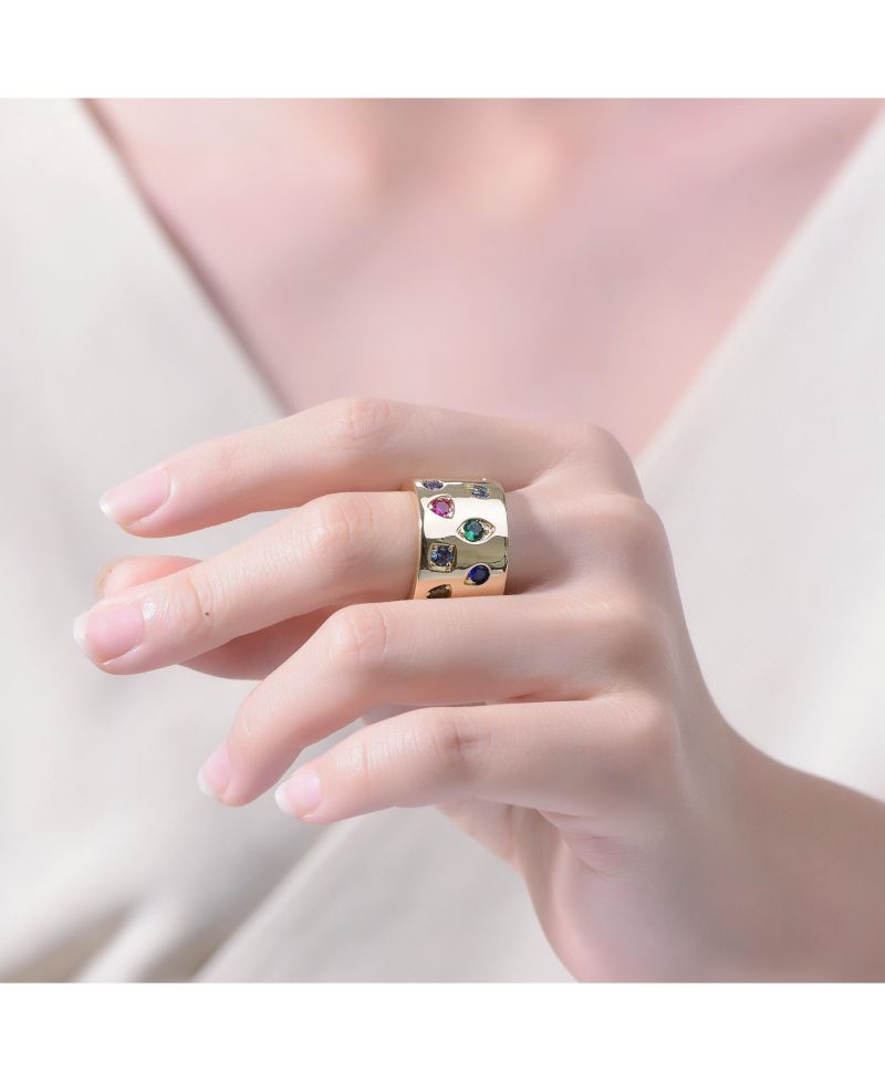 14K Gold Plated Vibrant Multi Color CZ Wide Band Ring
