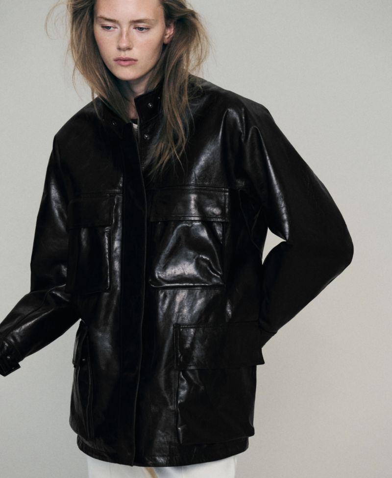Women's Selection Oversized Funnel-Neck Leather Parka