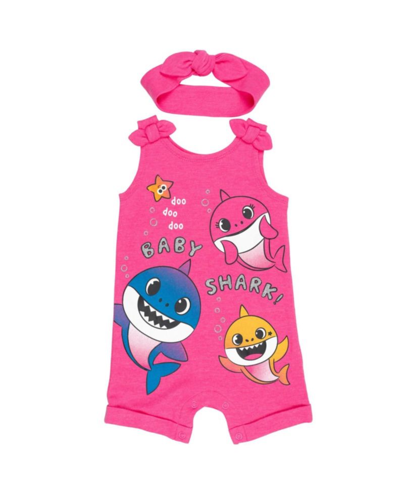 Baby Girls Pinkfong Shark Snap Romper and Headband