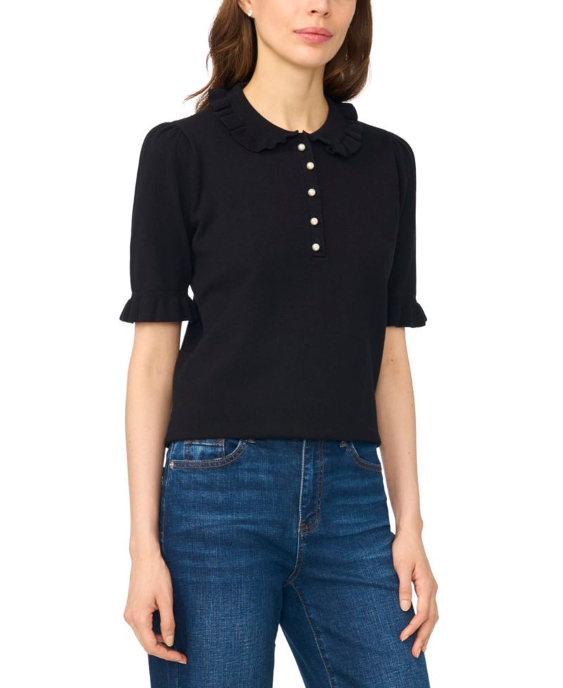 Women's Short-Sleeve Ruffle-Collar Ribbed-Knit Polo Sweater