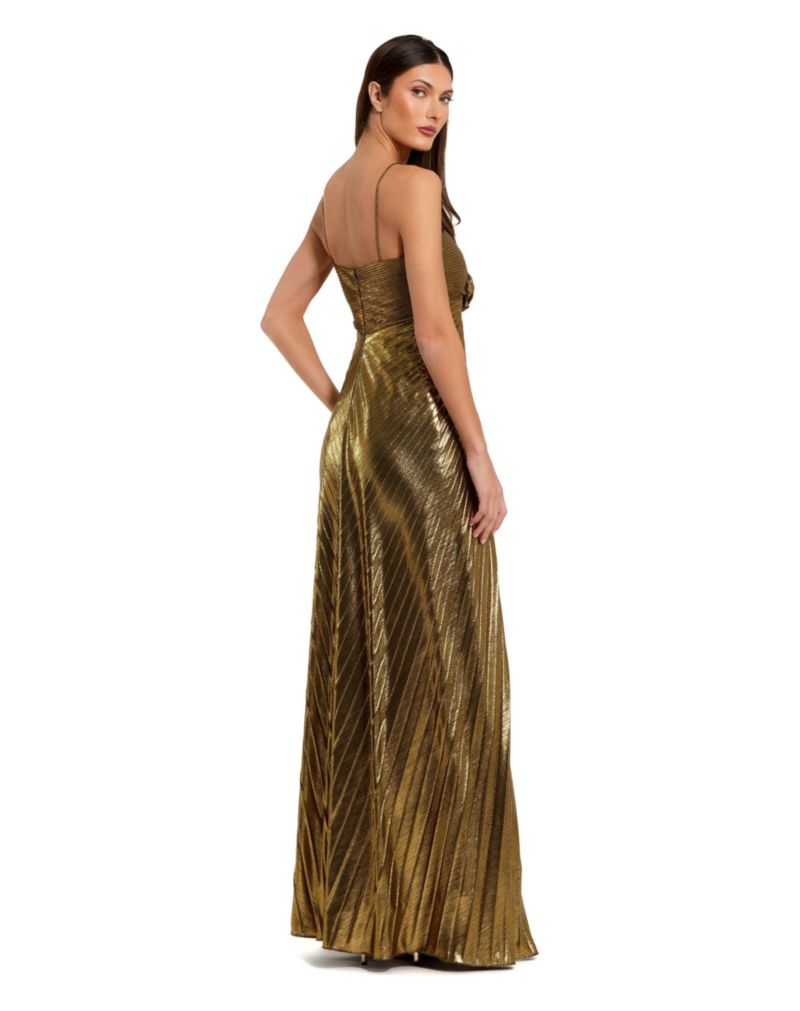 Petite Pleated Metallic Gown with Thin Straps and 3D Floral Detail