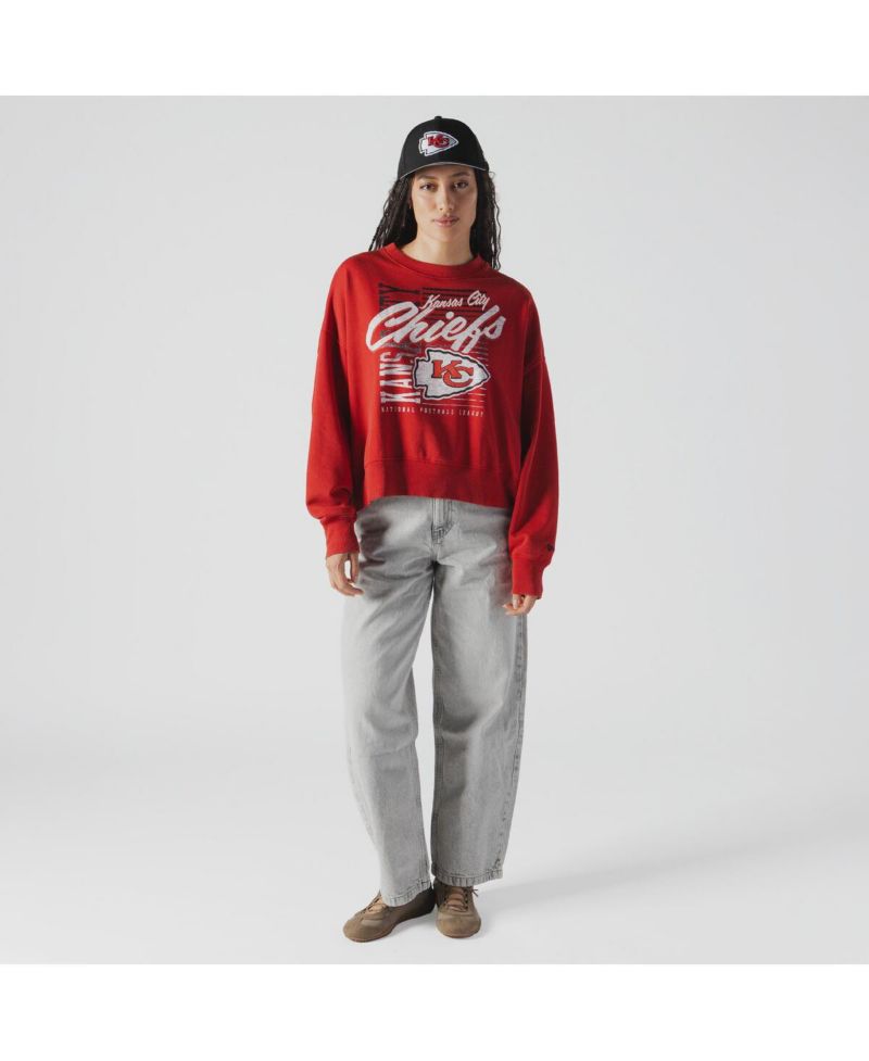 Women's Red Kansas City Chiefs Oversized Throwback Mineral Wash Crew Neck Sweatshirt
