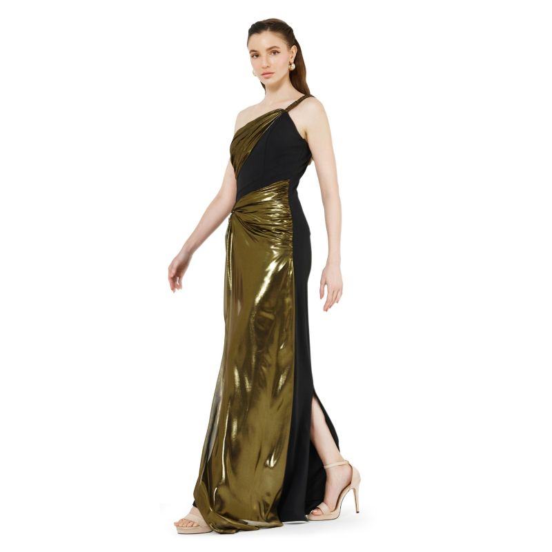 Women's Braided Strap One Shoulder Metallic Drape Dress