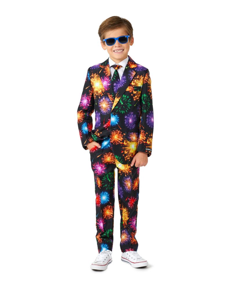 Little Boys Fireworks Button Closure Suit Set Including Blazer, Pants and Clip-On-Tie
