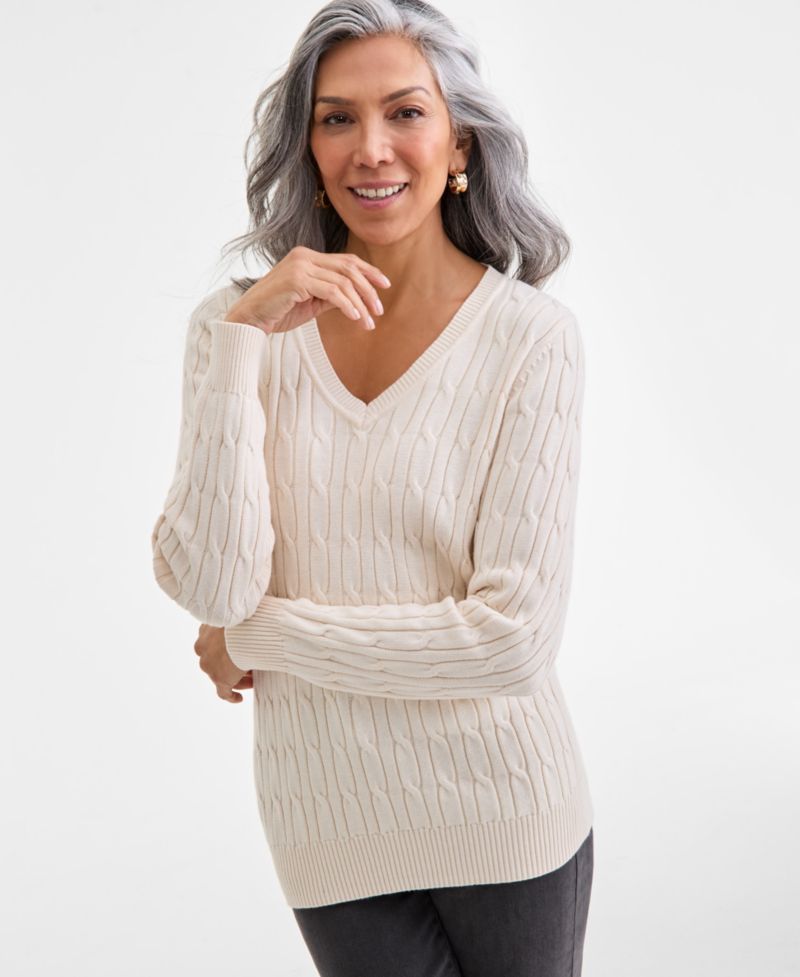 Petite Cotton Cable-Knit V-Neck Sweater