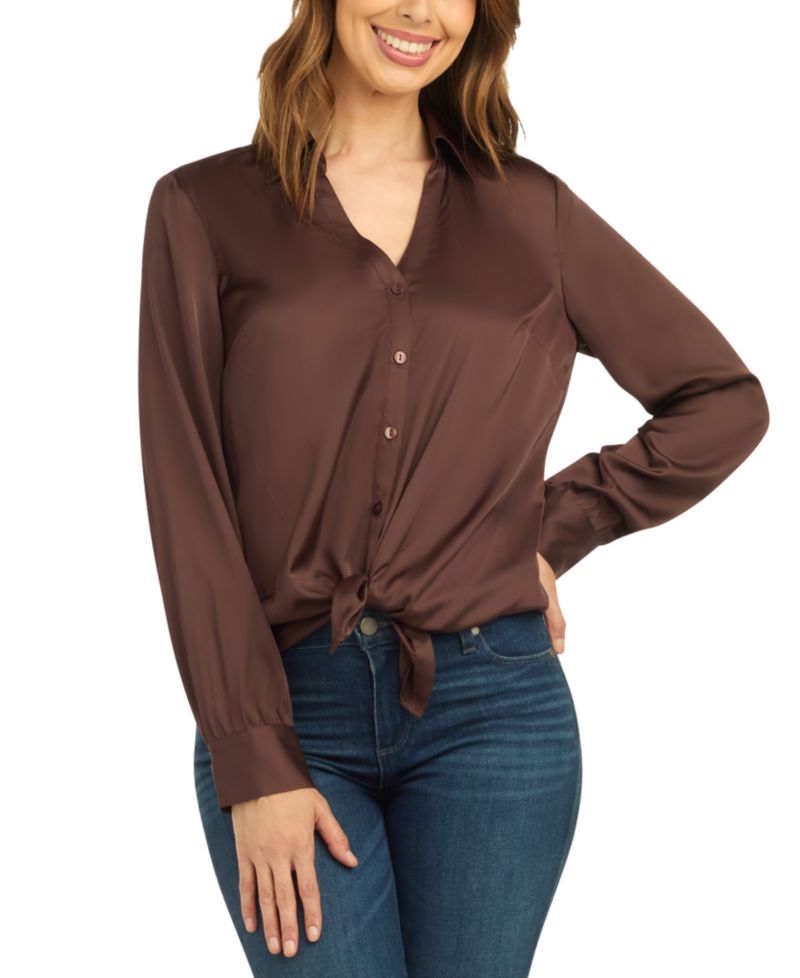 Juniors' Long-Sleeve Button-Up Tie-Front Blouse