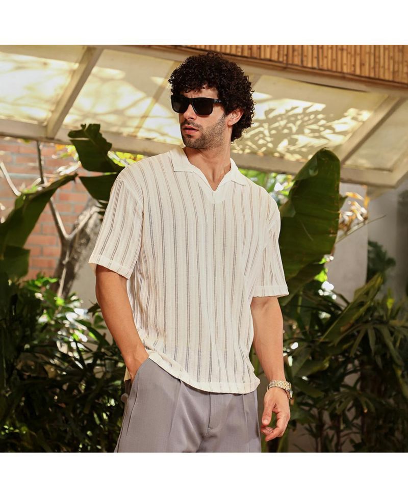 Men's Off-White Duo-Striped Relaxed Polo T-Shirt