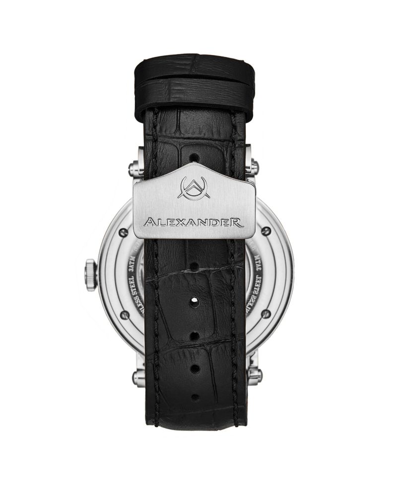 Triumph Men's Swiss Automatic Watch 43mm Silver Tone Stainless Steel Case Blue Dial Sapphire Crystal Black Leather Strap 30M
