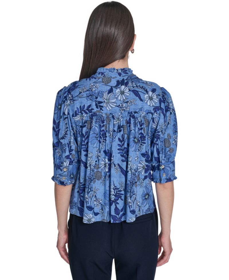Women's Floral Print Elbow-Sleeve Blouse