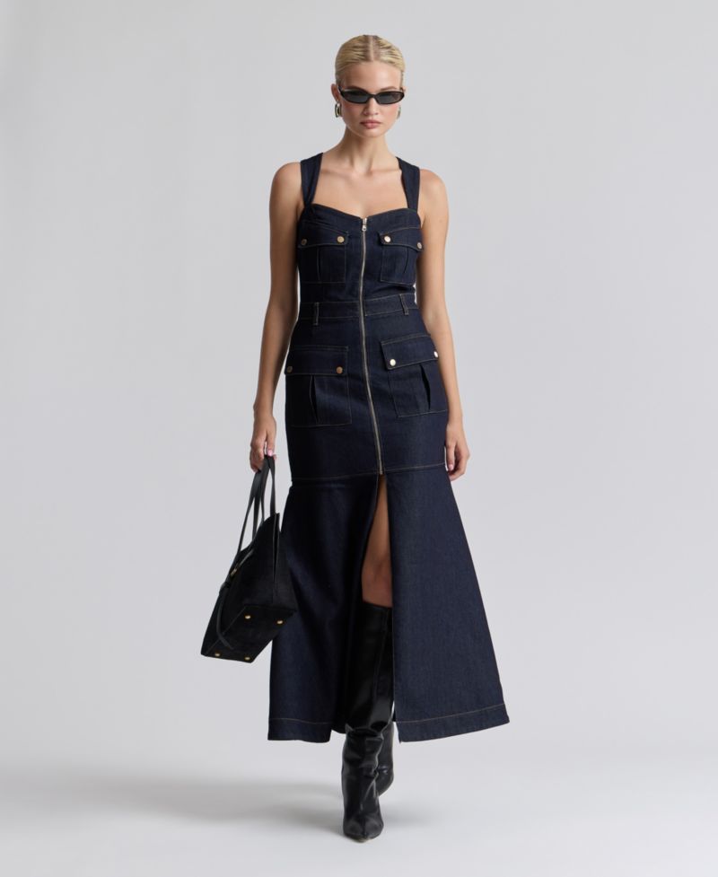 Women's Stretch Denim Cargo Zip-Front Midi Dress