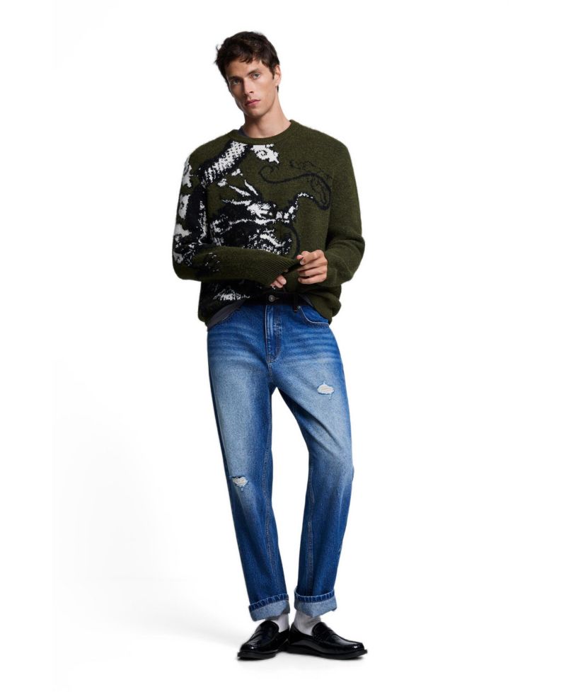 Men's Straight-Leg Medium Wash Distressed Jeans