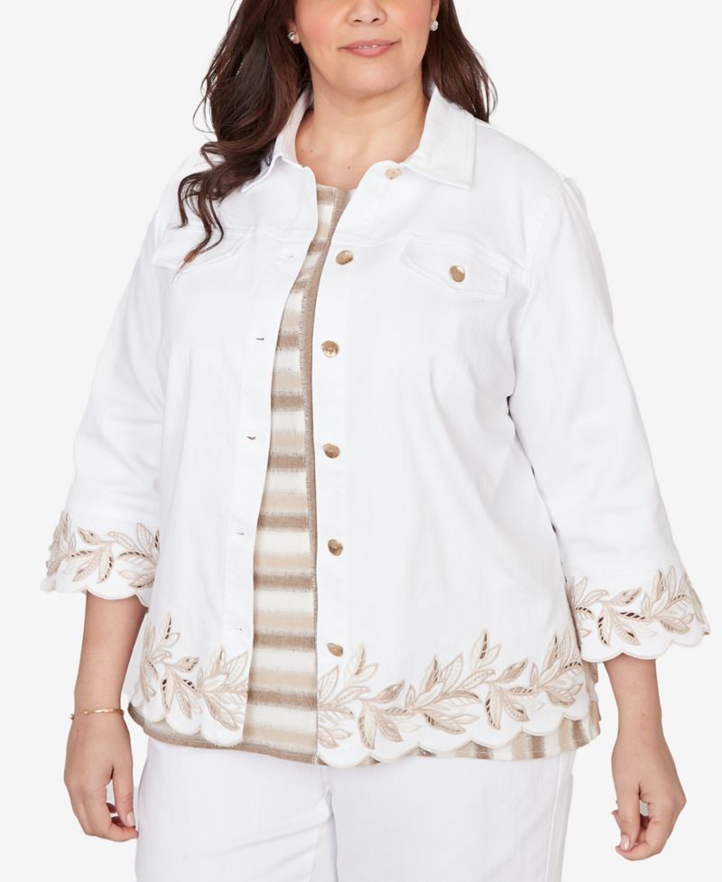 Plus Size Natural Wonder Leaf Cutout Embroidered Shirt Jacket