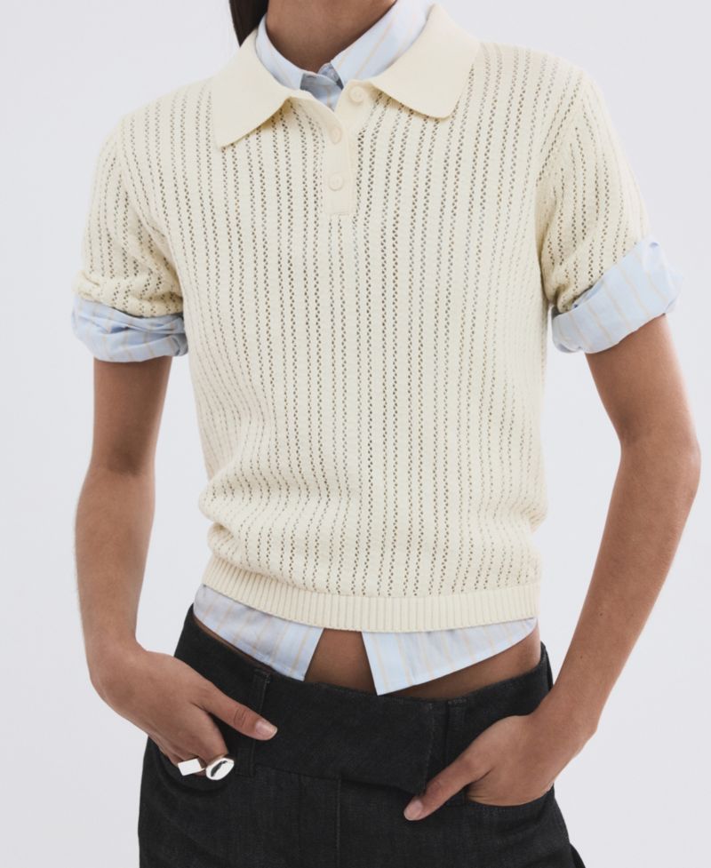 Women's Openwork Knitted Polo-Neck Sweater