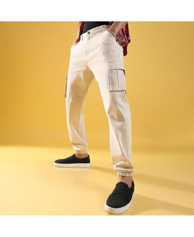 Men's Beige Cuffed Hem Cargo Trousers