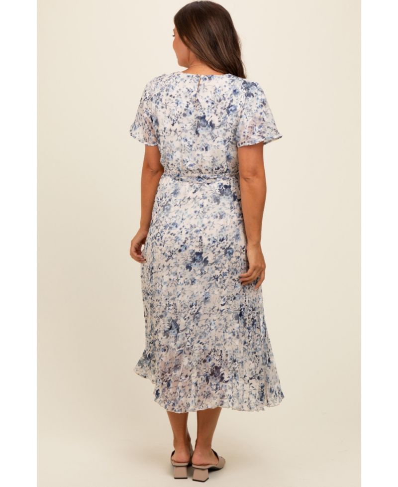 Women's Cream Floral Pleated Midi Dress