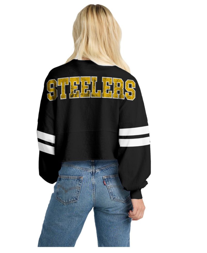 Women's Pittsburgh Steelers Oversized Cropped Stripe Long-Sleeve T-Shirt