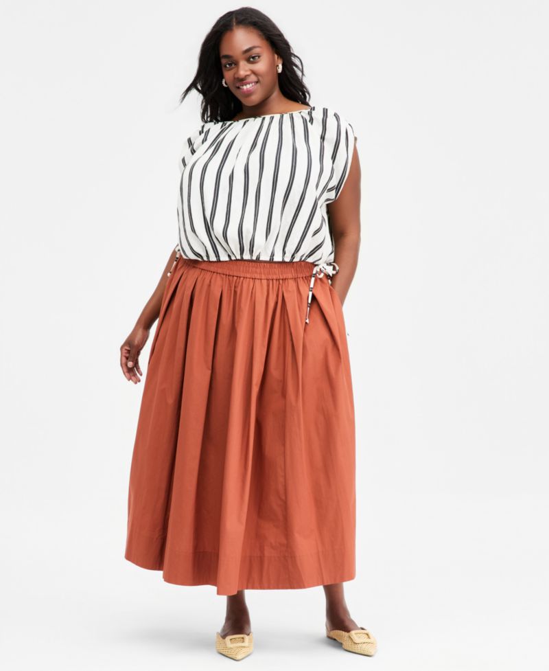 Trendy Plus Size Pull-On Cotton Midi Circle Skirt