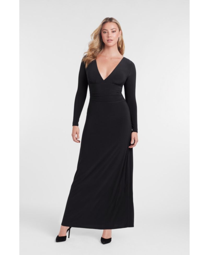 Women's Sculpting Shapewear Shirred V-Neck Long Sleeve Solid Maxi Dress