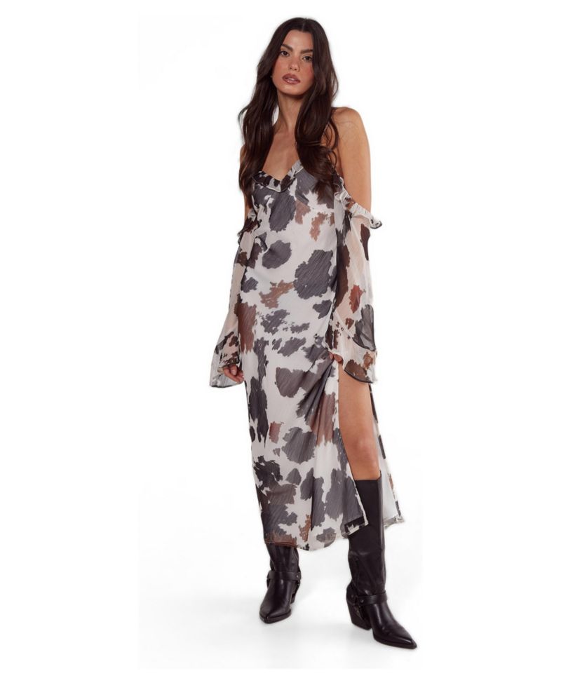 Women's Cold Shoulder Bias Cut Split Maxi Dress
