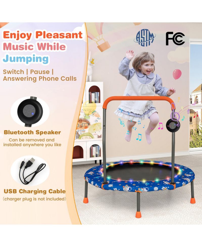 36'' Mini Toddler Trampoline w/ LED Bluetooth Speaker Detachable Handle Kids Gifts