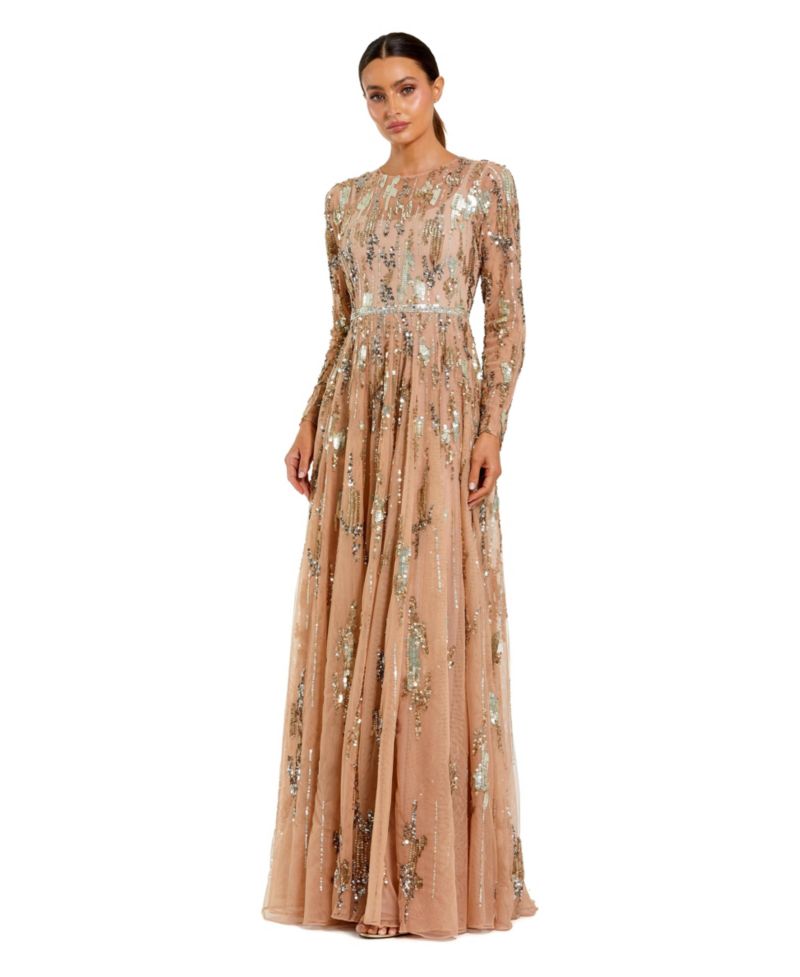 Women's Long Sleeve Mesh Embellished Evening Gown