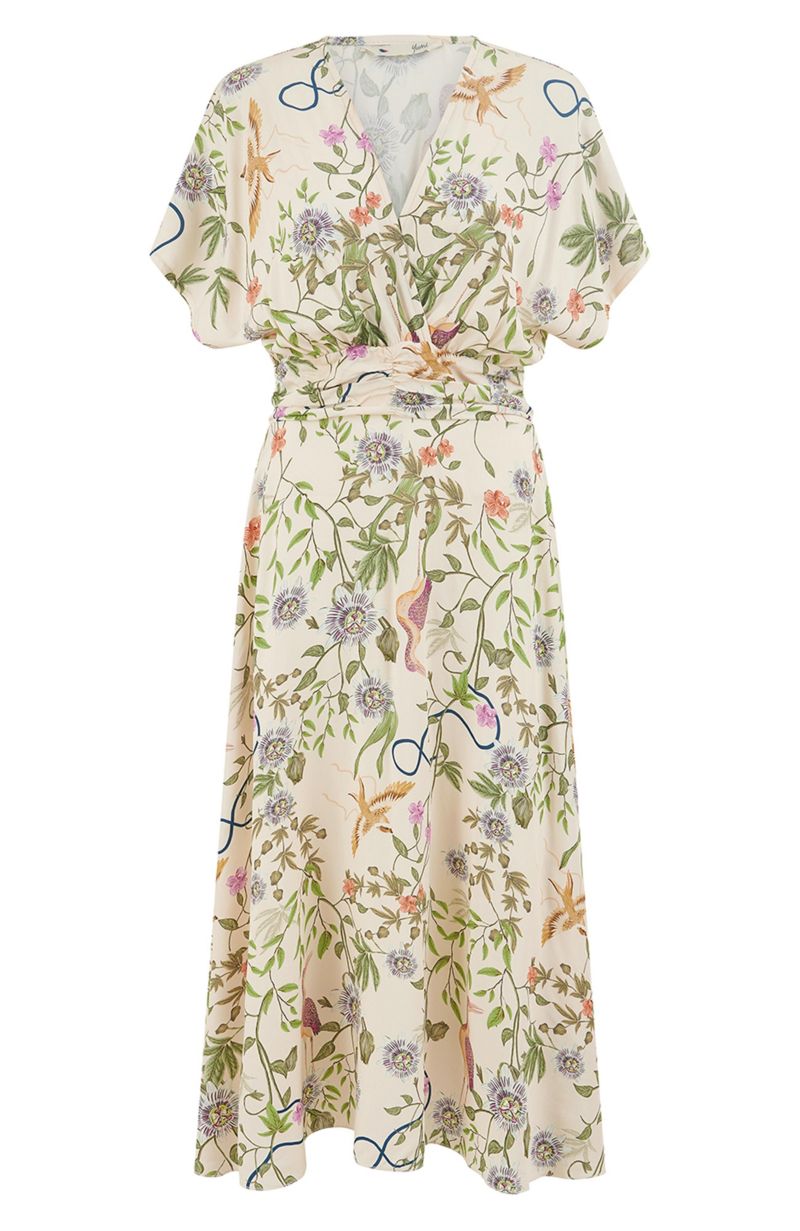 Women's Floral Print Ruched Waist Midi Dress