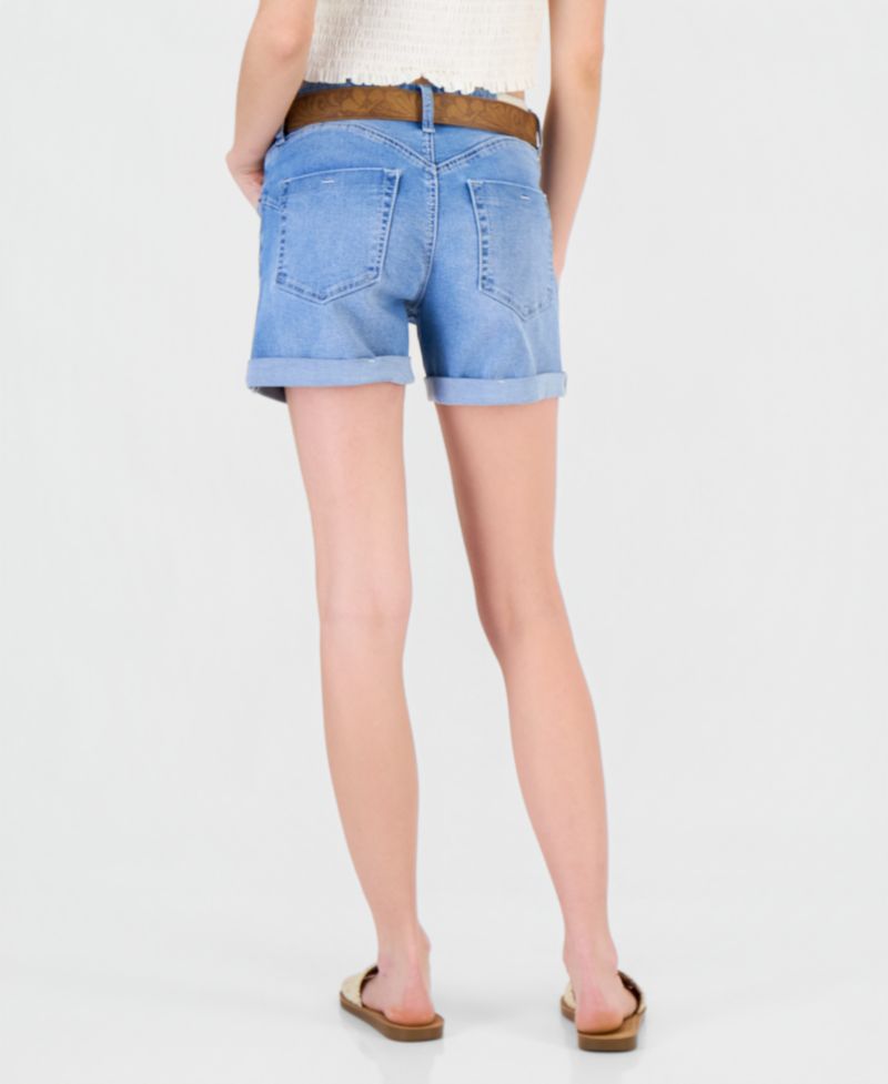 Juniors' Belted Cuffed Denim Shorts