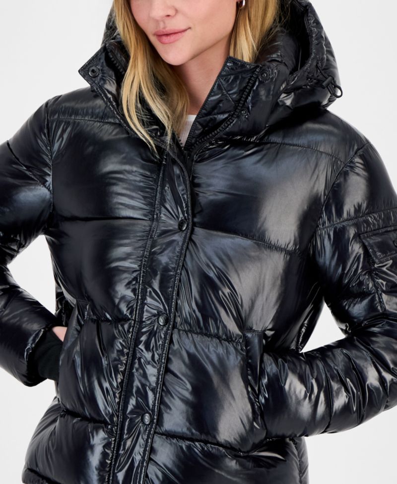 Women's Ella Hooded Thumbhole-Cuff Shine Puffer Coat