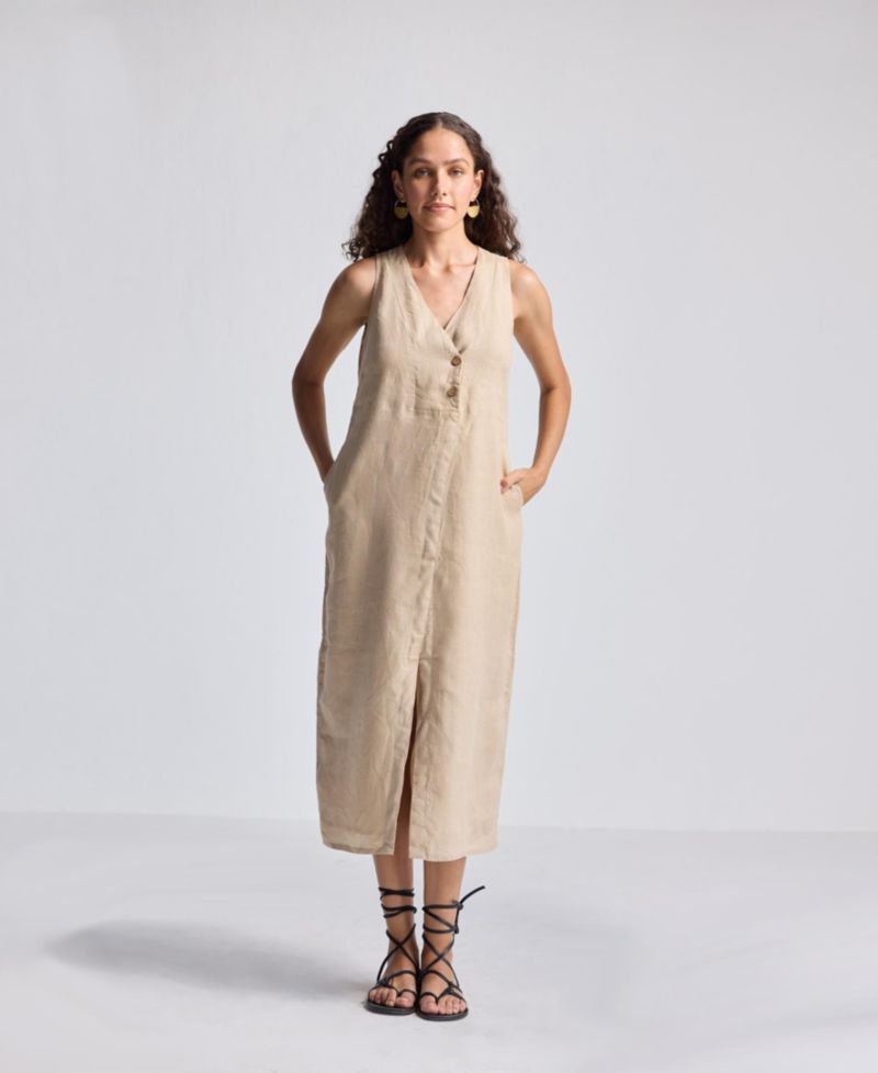 Women's Straight Dress with Front Slit in Neutral Beige Hemp
