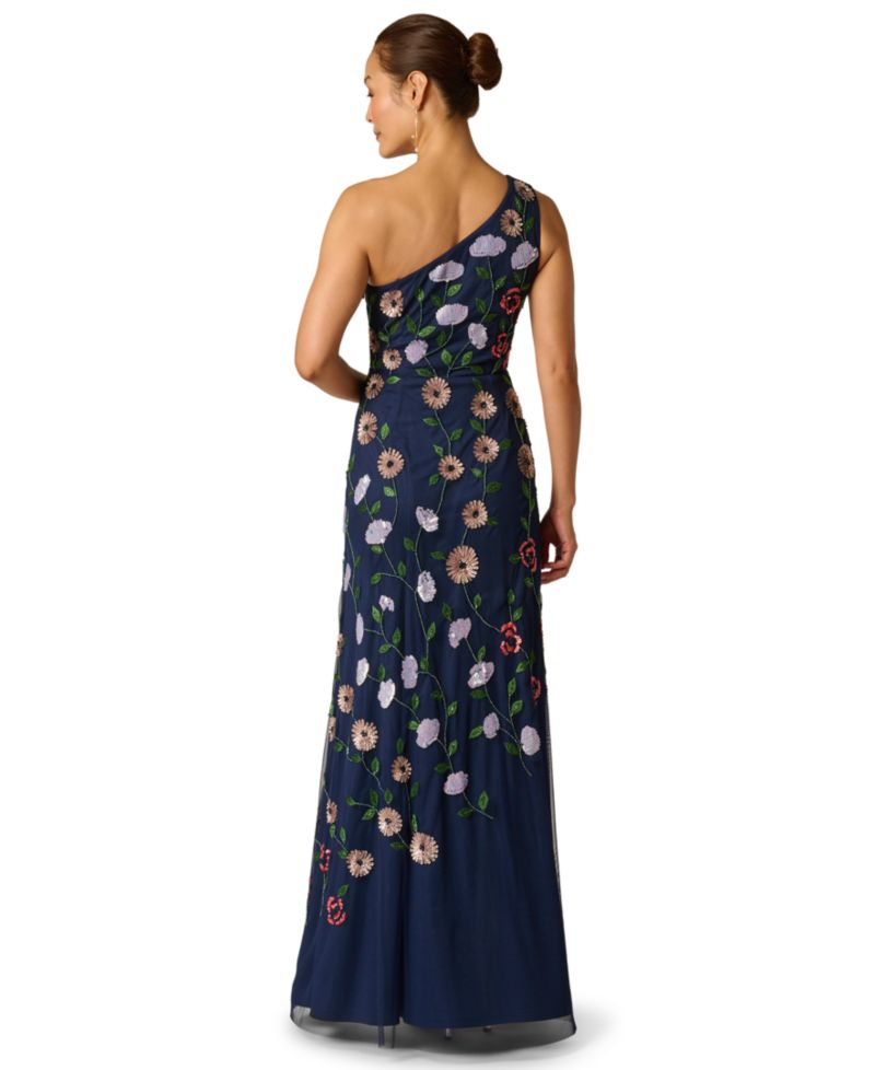 Women's One-Shoulder Floral Garden Beaded Gown