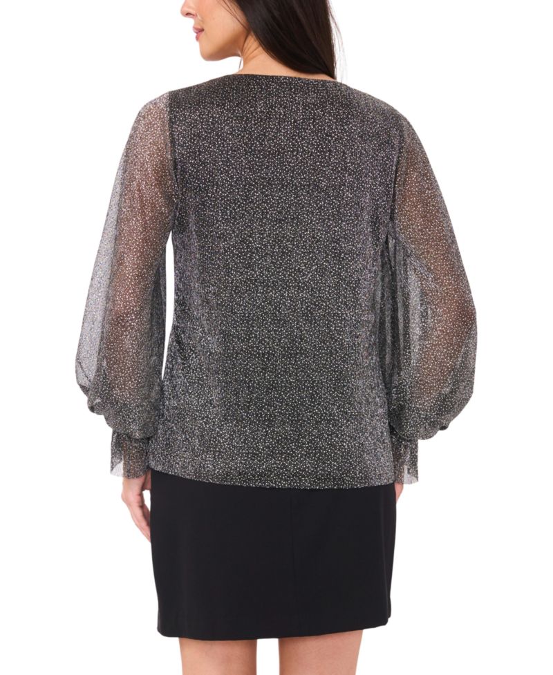 Women's Metallic V-Neck Sheer-Sleeve Top
