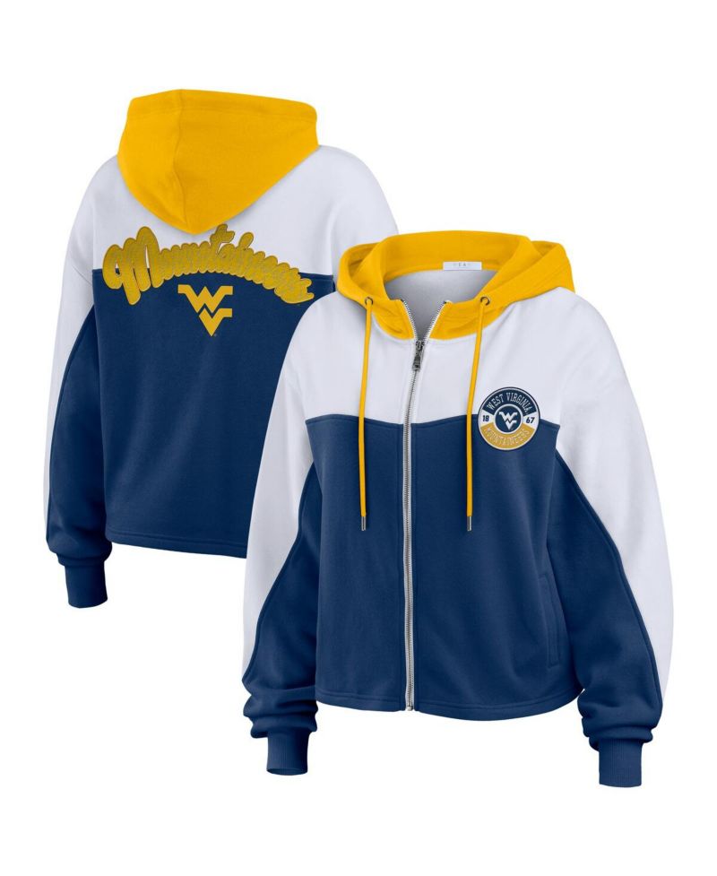 Women's Navy West Virginia Mountaineers Color-Block Full-Zip Hoodie