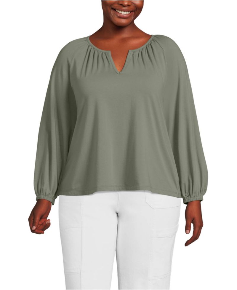 Plus Size Lightweight Jersey 3/4 Sleeve Notch Neck Gather Blouse