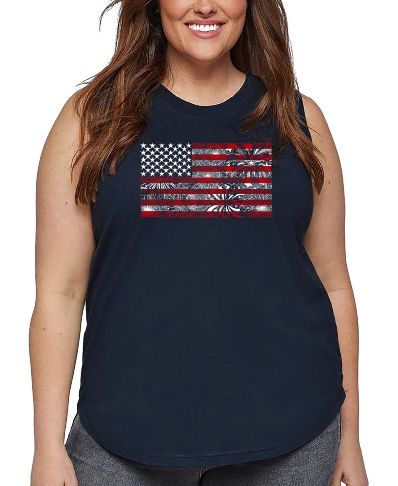 Plus Size Fireworks American Flag Word Art Tank Top