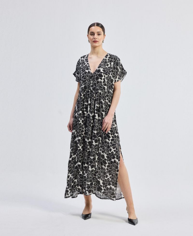 Women's Deep V-neck Maxi Dress with Front Gathers in Black Florals