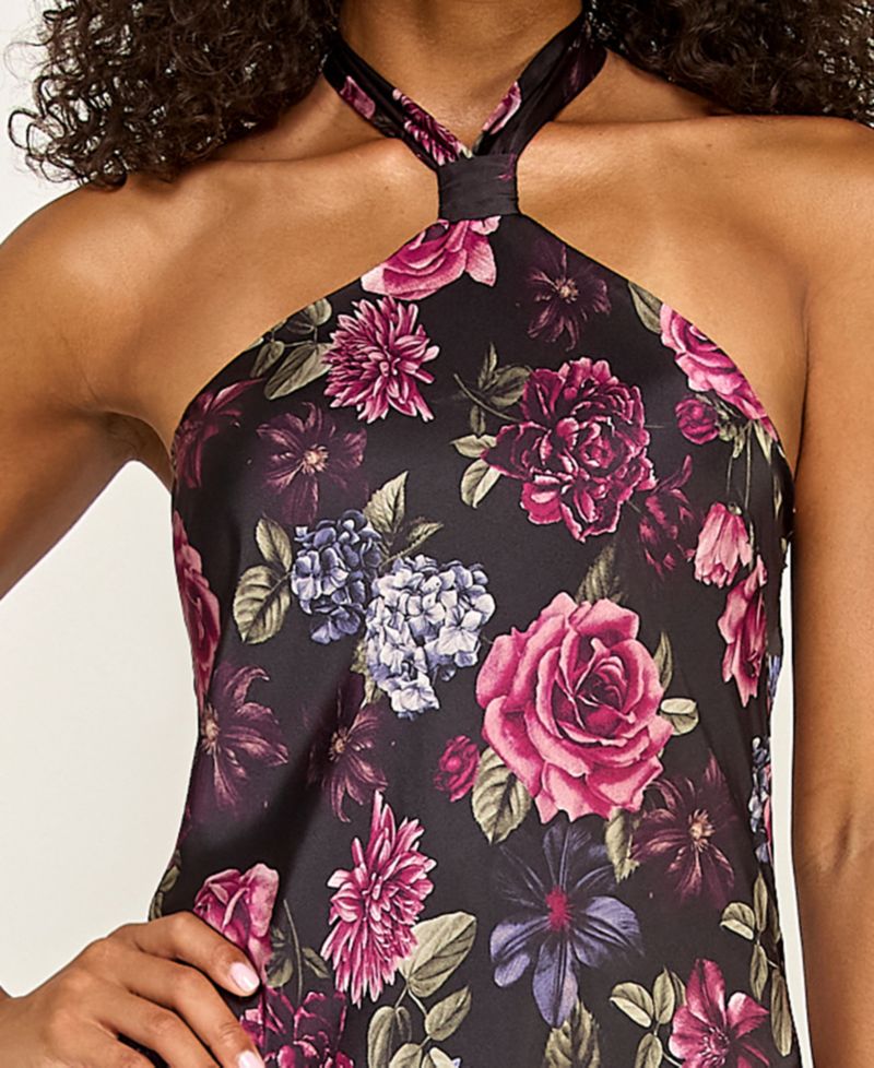 Juniors' Fringe Hem Floral Halter Neck Dress